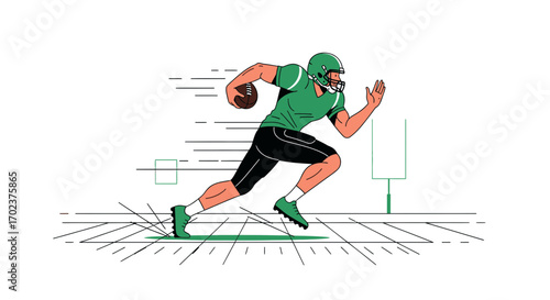 Green Football Player Races Toward Goal, Sporting Protective Gear, Displaying Dynamic Action