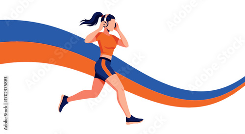 Energetic Runner Listening Music During Her Morning Jog with Colorful Wave Decoration