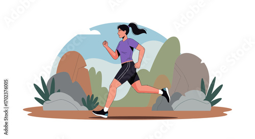 Energetic Runner Sprinting Through Scenic Landscape With Natural Rock Formations And Greenery