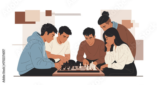 Group Of Friends Playing Chess, Focused, Strategic Thinking, Board Game Illustration
