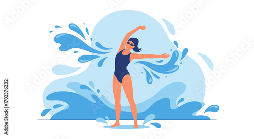 Energetic Woman Enjoys Aquatic Routine Amidst Water Splashes Representing Recreation