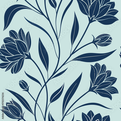 Navy floral pattern showcases elegant blooms and leaves against a serene pastel background