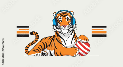 Energetic Tiger Wearing Headphones And Relaxing With A Striped Ball, Listening To Music