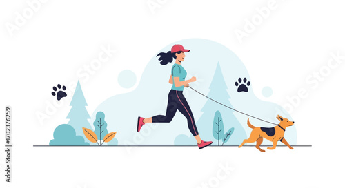 Energetic Woman Jogging Outdoors With Her Loyal Canine Companion During Daytime Hours