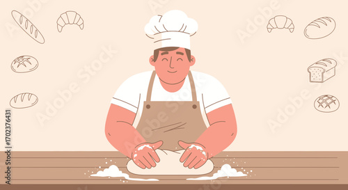 Happy Baker Kneading Dough, Preparing Bread, Baking Culinary Art Concept Illustration