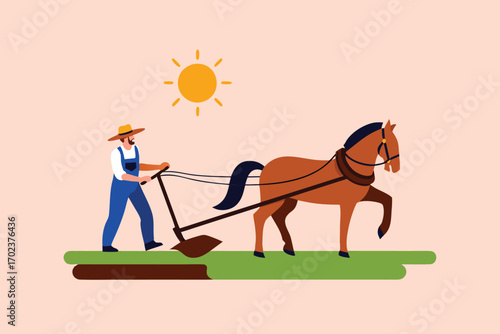 Farmer plowing field with horse under sun, traditional agriculture vector illustration, rustic rural scene