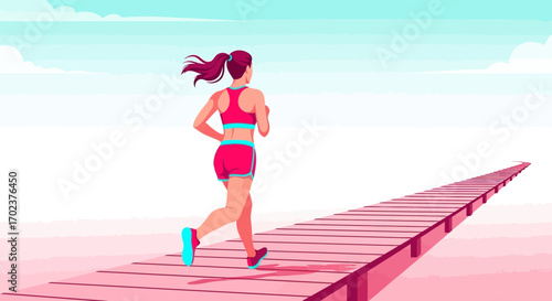 Energetic Woman Runs Towards Horizon on a Crimson Promenade, Embracing Health and Endurance
