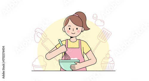 Happy Baker Woman Whipping Cream in Bowl for Baking Delicious Homemade Dessert