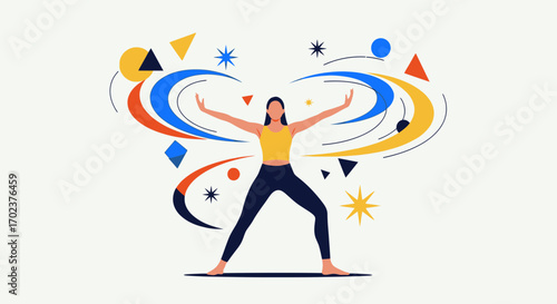 Energetic Woman Surrounded By Animated Geometric Shapes And Spiraling Energy Visualization