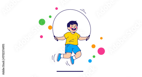 Happy Boy Having Fun Jumping Rope, Exercise and Colorfull Bubbles Elements