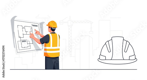 Engineer Examining Architectural Plans Demonstrating Safety and Building Project Concepts