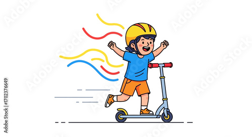 Happy Child Joyfully Riding Scooter, Expressing Enthusiasm For Summer Fun Activities