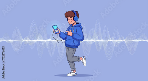 Enjoying The Music: Person, Headphones, And Soundwave, Vector Illustration Of A Young Man