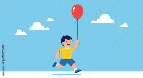 Happy Child Running With Red Balloon Against Blue Sky Creating Whimsical Illustration