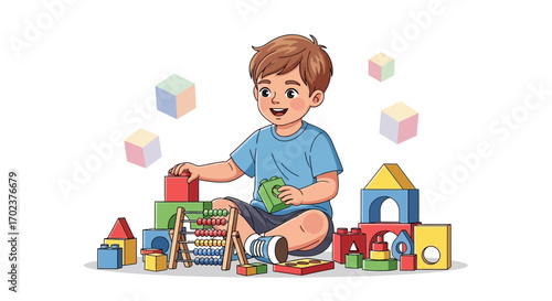 Happy Child Playing With Colorful Blocks, Constructing Structures, Smiling, And Entertained