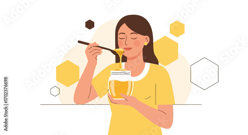 Enjoyment Of Honey As A Natural Sweetener, Woman Savoring The Taste
