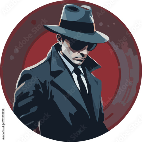 Stylish Noir Detective in Gray Fedora and Trench Coat on Red Abstract Circle – Modern Secret Agent