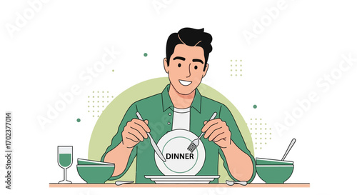 Happy Person Dining with Utensils during Dinner Time Vector Illustration