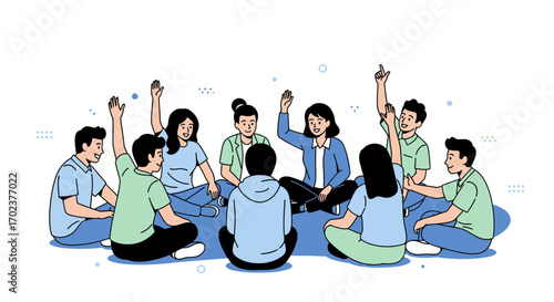 Enthusiastic Group Engaged In Interactive Circle Discussion Raising Hands To Participate