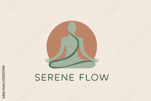 Serene flow meditative yoga logo, minimalist lotus and figure in pose, vector wellness brand for relaxation