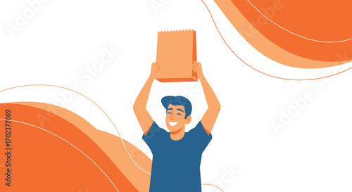 Happy Person Holding Up Paper Bag, Orange Design, And Vector Illustrations Creation