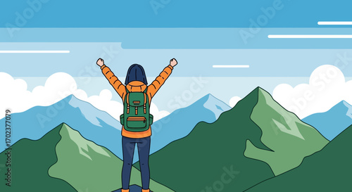 Enthusiastic Hiker Overlooking The Serene Mountain Landscape After A Challenging Trail