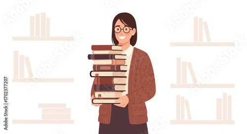 Happy Woman Librarian Holding A Stack Of Books In Front Of White Shelves