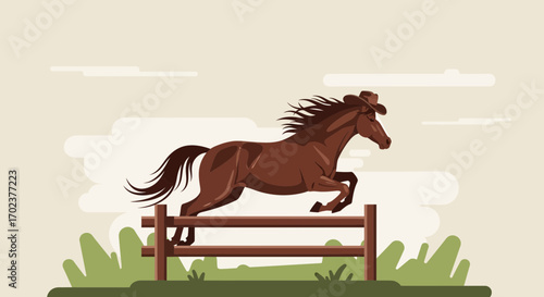 Equestrian Horse Jumping Over Wooden Fence Silhouette Illustration For Graphic Design Projects