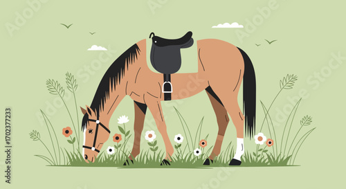 Equestrian Illustration Depicting Horse With A Saddle Grazing Among Flowers In Nature