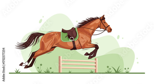 Equine Athlete Leaping Over Obstacle, Illustrating Equestrian Sport And Horse Training