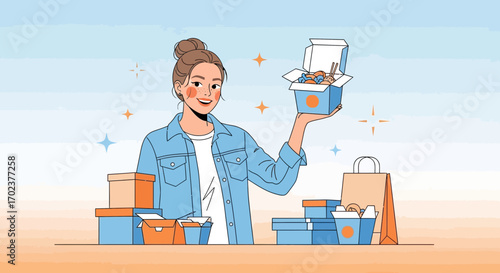 Happy Woman Presenting Asian Food in a Box for Takeout or Delivery Service