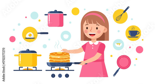 Happy Young Girl Cooking Pancakes And Preparing Breakfast In A Modern Kitchen Setting