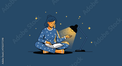 Evening Tranquility Depicted: A Woman Engrossed in a Book Beneath a Glowing Lamp