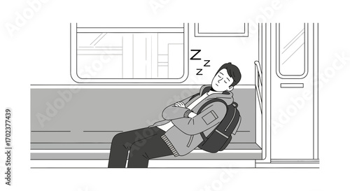 Exhausted Commuter Sleeps on a Train: Public Transport and Rest Illustration