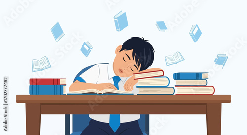 Exhausted Student Asleep on Textbook with Books, Illustrating Overstudy and Sleepiness