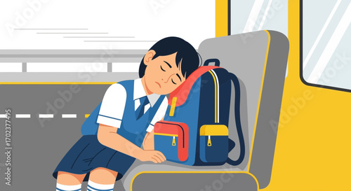 Exhausted Schoolchild Aboard Transportation Napping Softly Against Backpack For Comfort