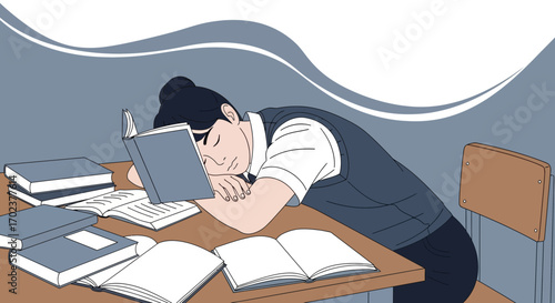 Exhausted Student Sleeping At Desk Surrounded By Books In Academic Study Environment