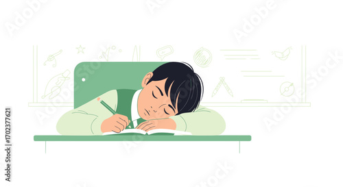 Exhausted Student Sleeping on Desk while Trying to Finish Schoolwork in The Classroom