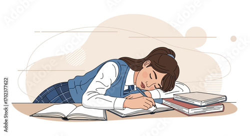 Exhausted Student Sleeping on Desk While Studying with Books and Stationery
