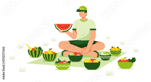 Healthy Summer Picnic With Watermelon and Variety Of Fresh Fruits Illustration