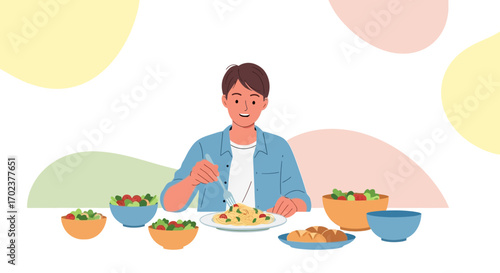 Healthy Mealtime Enjoyment: A Vibrant Illustration Of a Man Having a Balanced Plate