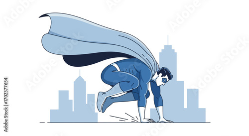 Heroic Figure in a Blue Costume About to Take Action Over The Cityscape