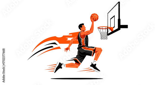 High-Flying Basketball Player Dunking The Ball With Dynamic Vector Illustration