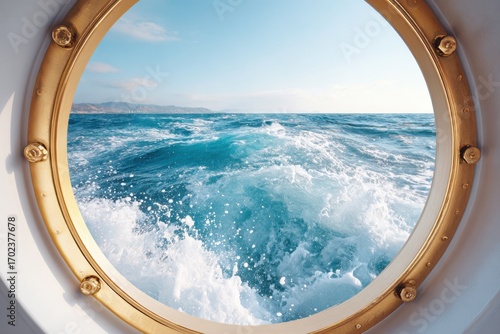 Ocean waves splashing against cruise ship porthole on sunny day