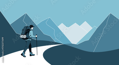 Hiker Navigating Mountain Trail, Embracing Nature's Serenity With Backpack And Hiking Sticks
