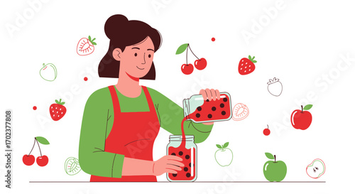 Homemade Preservation Illustration: Woman Crafting Fruit Preserves in a Jar for Culinary Use