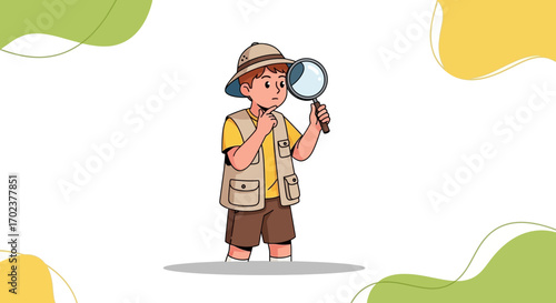 Exploring Boy With Magnifying Glass Researching And Investigating On Adventure