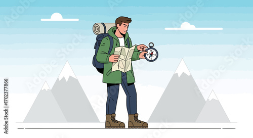Explorer Utilizing Map and Compass For Navigation In Mountainous Wilderness Adventure