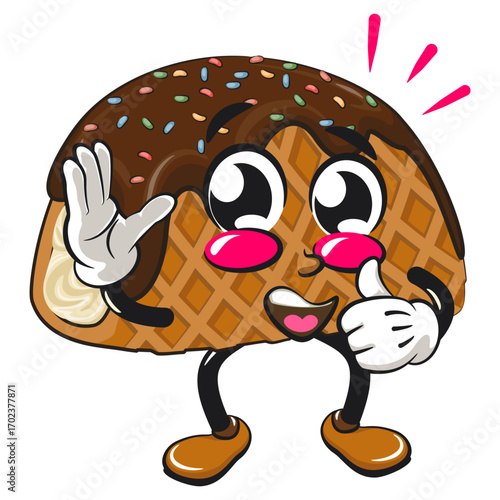 cute choco taco ice cream mascot character vector illustration wave hand and give a thumbs up sign, work of hand drawn