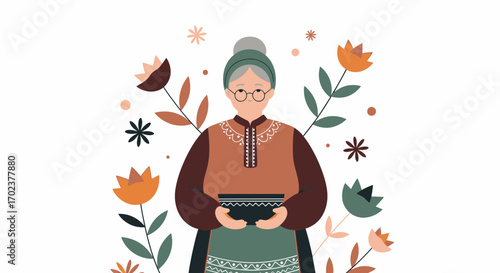 Illustrated Portrait: Elderly Woman With Fashionable Attire Holding a Design, with Flowers